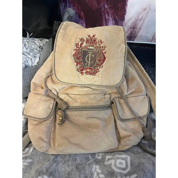 Cream/beige velvet/velour campus,school multi pocket cargo Backpack - Picture 2 of 12